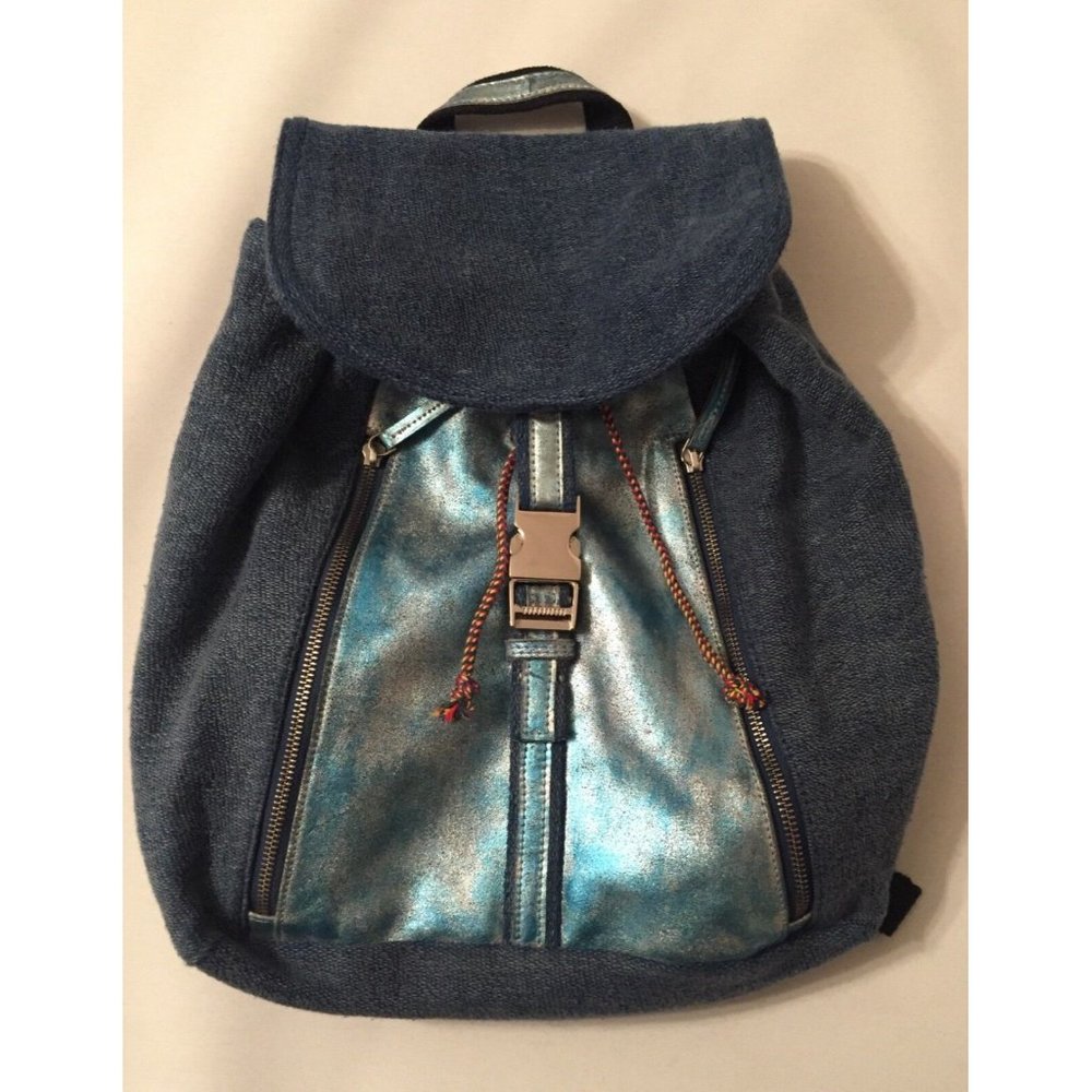 Free People Blue Denim Backpack with Metallic Aqua Front - Picture 2 of 8